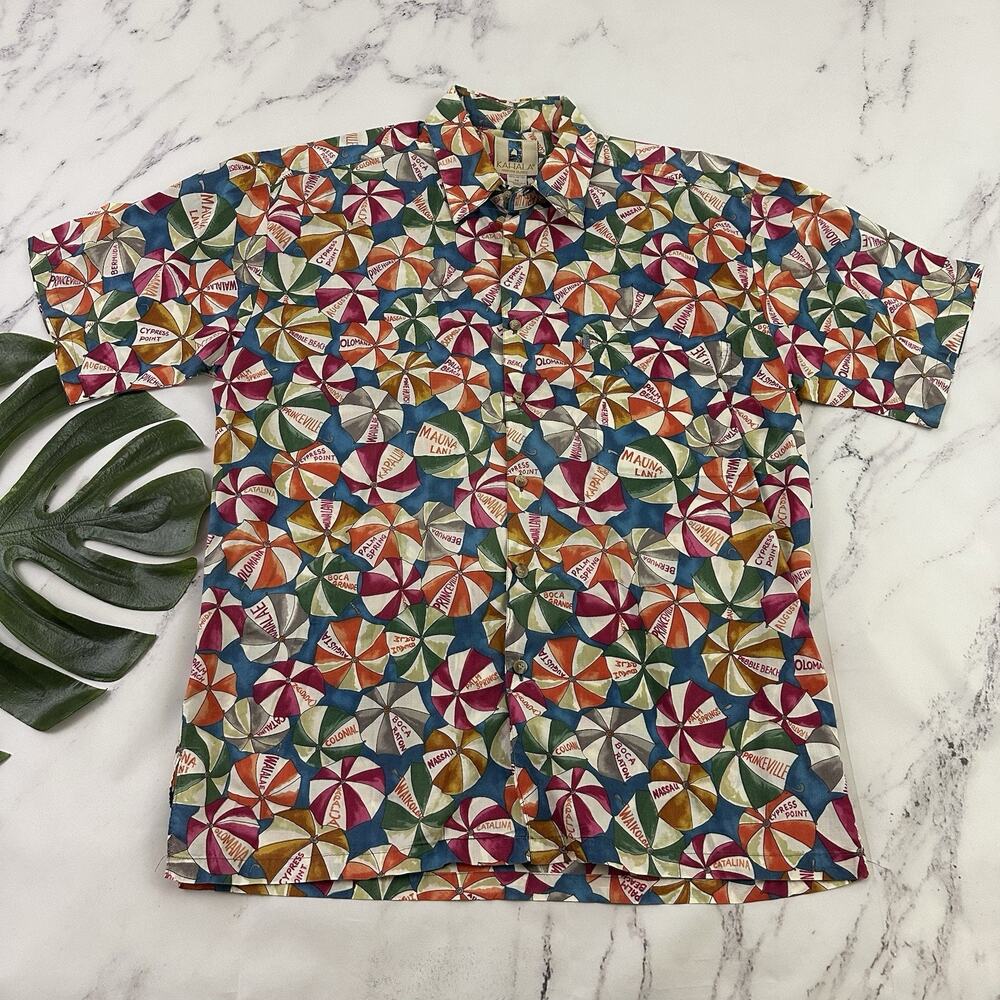 Kahala Mens Hawaiian Shirt Size M Red Blue Beach Umbrella Cotton Button Up